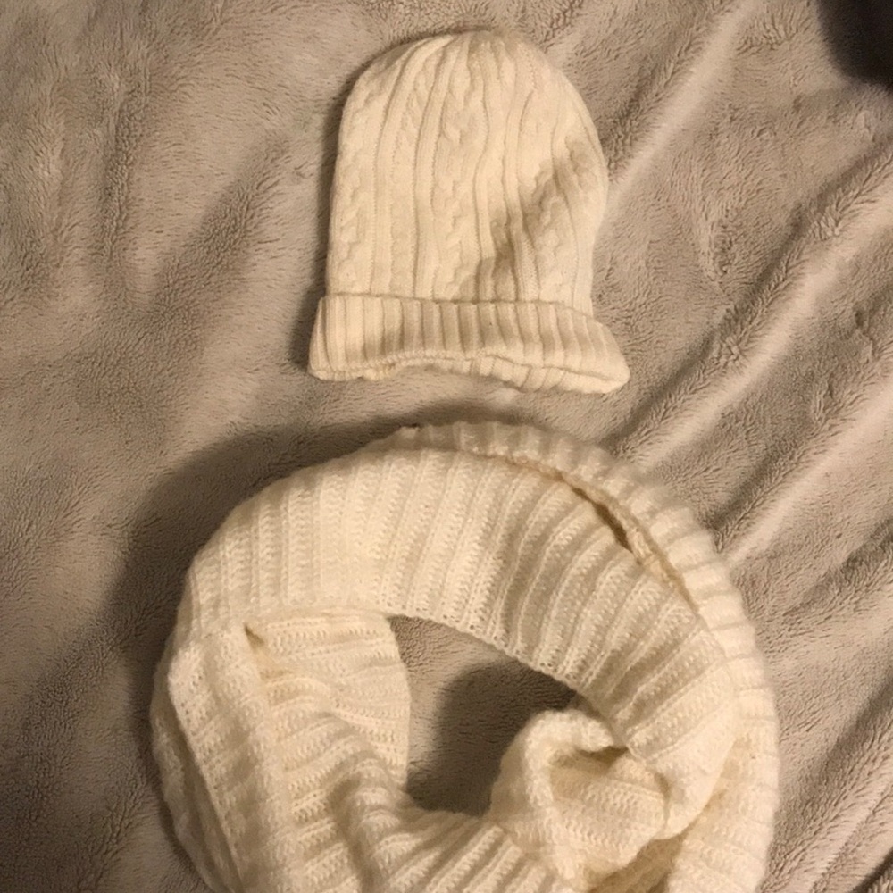 White knit scarf and hat!